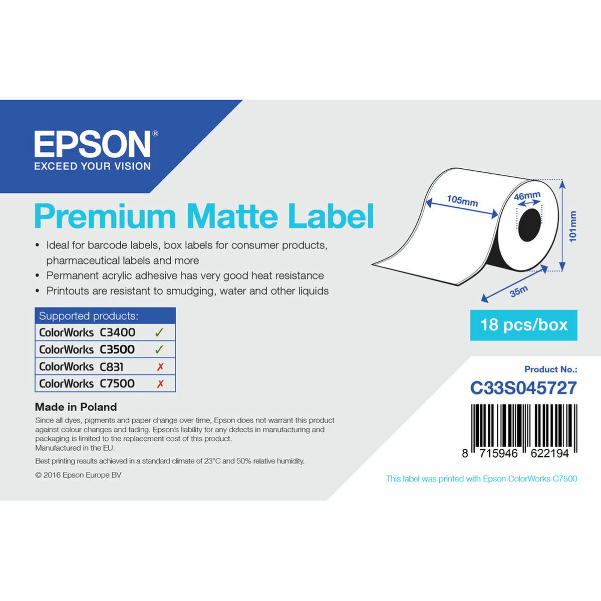 Epson Printer Labels Epson C33S045727 White 46 Mm (1 Unit)