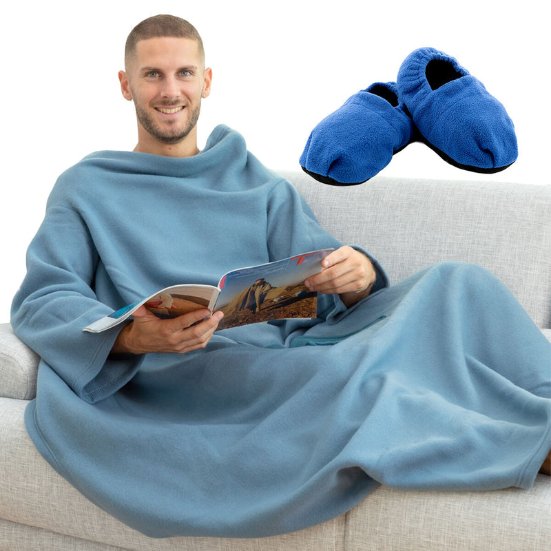 Pack Microwavable Heated Slippers and Single Sleeved Blanket with Central Pocket InnovaGoods